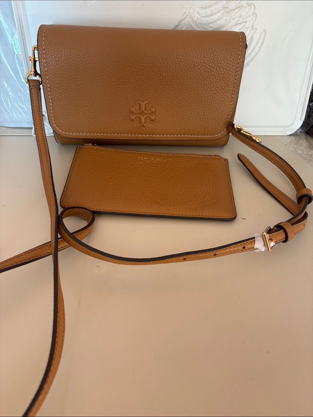 Tory Burch Caramel Brown Pebbled Leather Crossbody with Card Sleeve